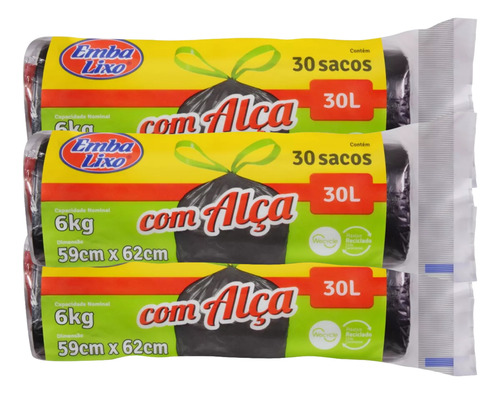 Kit 3 Saco De Lixo Com Alça 30 Litros 30un C/ Mais Prático