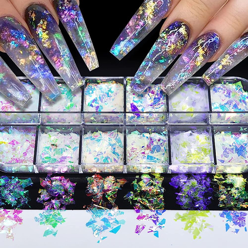 ~? 12 Colores Holográfico Nail Art Glitter Selentejuelas Iri