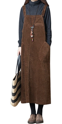 Nueva Moda Mujer De Pana Vestido Vintage Bolsillo Correa
