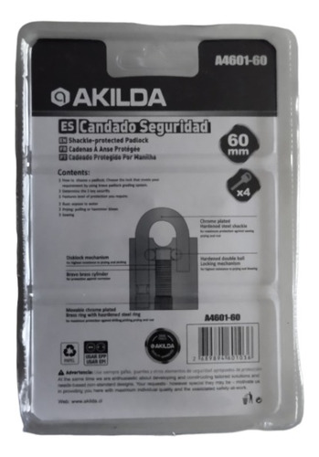 Candado De Seguridad Acero Anti Cizalla Anti Corte 60mm Color Plateado
