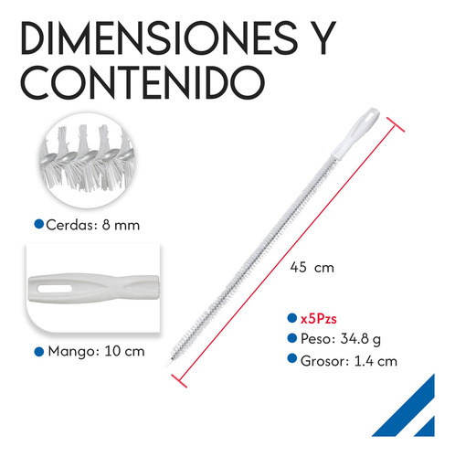 Pack De 5 Cepillos En Espiral Flexible Diler Para Limpieza De Desagües Drenaje De Tuberías Lavabo Dragado Color Blanco 45cm