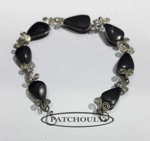 Imagen 4 de 6 de Pulsera 7 Piedras Obsidiana Alpaca Gota/lagrima Hecha Mano