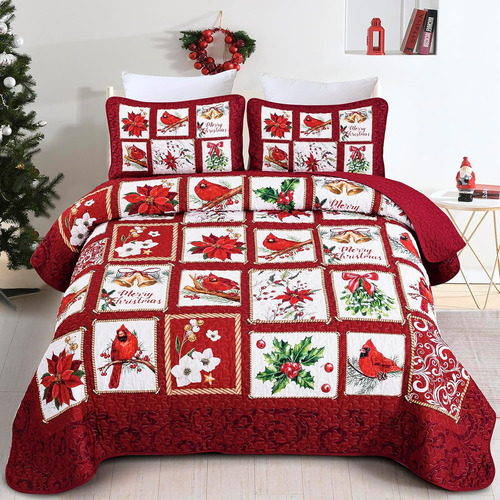 Colcha De Navidad Queen Size 3 Piezas Parche...