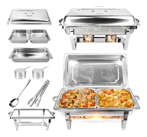 Rechaud Retangular 11 Litros Com 2 Cubas 1/2 Banho Maria E Fogão A Álcool 100% Aço Inoxidável Ideal Para Bufês Restaurantes Banquetes Potlucks Gaonas®