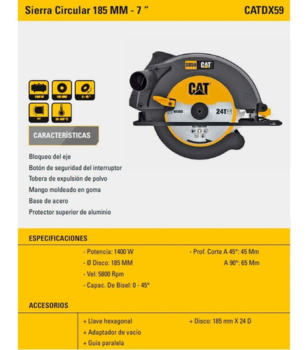 Sierra Circular Caterpillar Cat Dx59 1400w 185mm 5800rpm