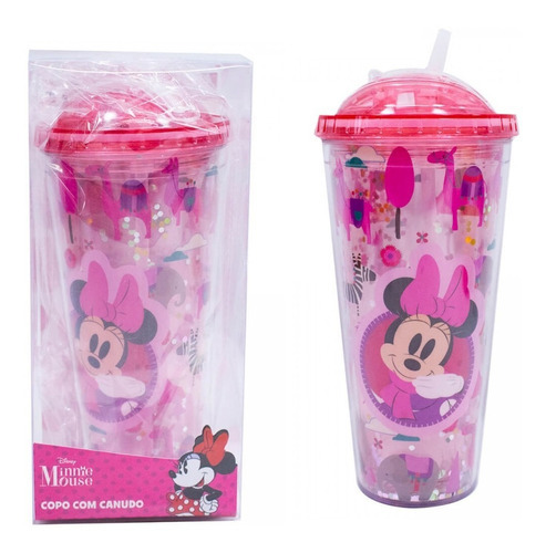 Copo Rosa Minnie Canudo E Cubos Gelo Artificial 600ml Disney