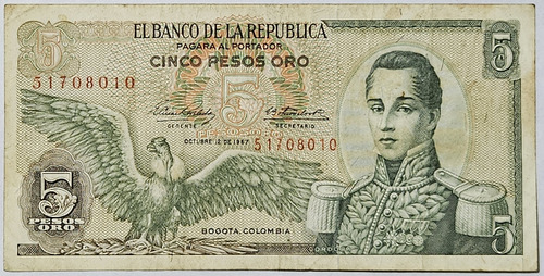 Billete 5 Pesos 12/oct/1967 Colombia Vf