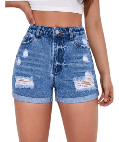 Shorts Shein Denim Azul Talle Alto Con Doblez Sky