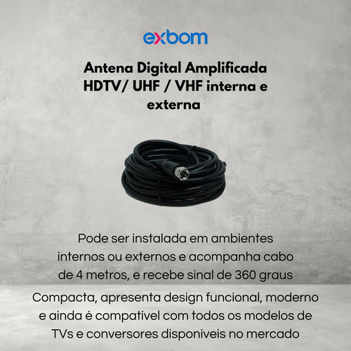 Antena Digital Hdtv Interna E Externa, 3,5dbi Cabo 4m Exbom