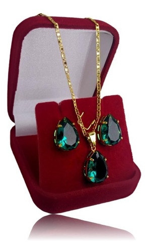 Imagem 2 de 9 de Conjunto Colar + Brinco Gota Verde Banhado Ouro 18k