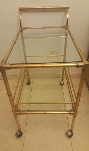 Antigua Mesa Carro Bar Auxiliar Bronce Doble Plano Vidrio (Usado)