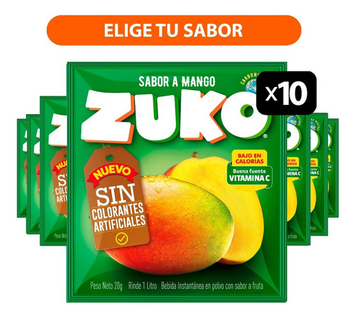 Pack 10 Sobres Jugo En Polvo Zuko 20g - Elige Tu Sabor