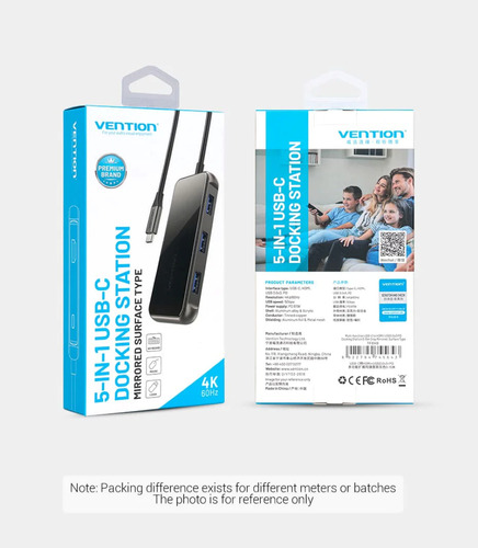 Hub Usb Multipuerto Vention - 5 En 1 - Usb C A Hdmi + 3 Puertos Usb 3.0 + Power Delivery Usb C 87w - 4k 60hz - Carcasa Aluminio - 15 Cm - Premium Para Teclado / Disco Rigido / Mac / Laptop - Tfbhb