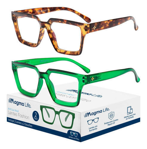 Kit 2 Lentes Para Computadora Unisex Blue Light Sin Aumento Estilo Moderno Y Elegante, Gafas De Moda Para Oficina, Estudio O Pantalla Color Chocolate Y Verde