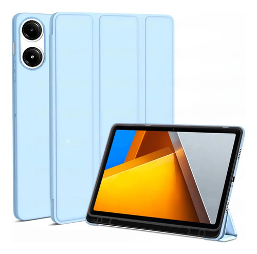 Capa Silicone Suporte Caneta Para Xiaomi Poco Pad 12.1 2024 Cor Azul Céu