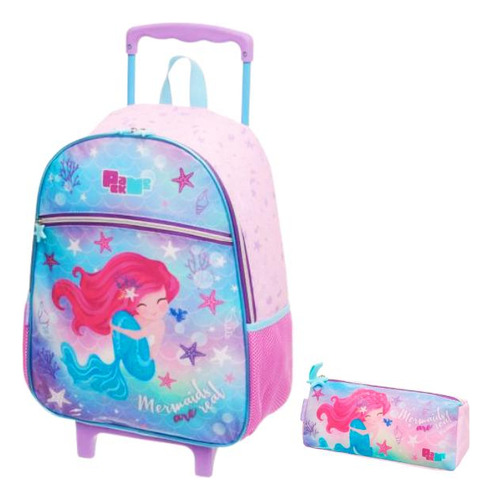 Kit Mochila Mochilete Sereia Escolar Rodinhas G Com Estojo