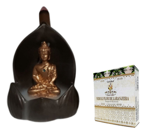 Incensário Cone Cascata Buda Indiano Lotus 13cm Com Cor Marrom- Buda - Flor De Laranjeira Buda Na Lótus