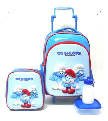 Mochila Infantil Turma Dos Smurfs Rodinhas Tam G + Lancheira