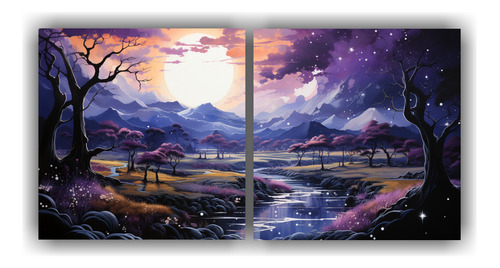 60x30cm Pintura Con Luna Cerca De Montañas, Juego De 2 Tela