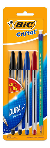 Bolígrafo Bic Cristal Dura+ 1.0mm Colores Clásicos 4 + Lápiz