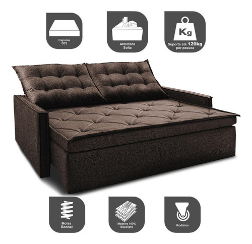 Sofá retráctil sin caja con cama plana Inbox de 1,85 m. Ropa de cama marrón