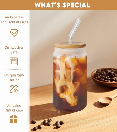 Vasos De Vidrio Con Tapas Y Pajas, Vidrio De 12oz Con N6qnq