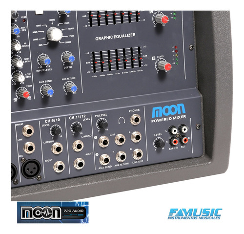 Imagen 5 de 10 de Consola Potenciada Mixer Moon M6612 12 Canales 200w Eq Sale%