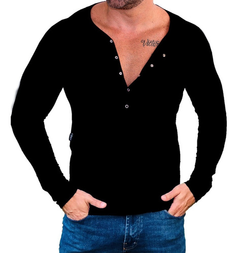 Camisa Henley Masculina Slim Botão Manga Longa