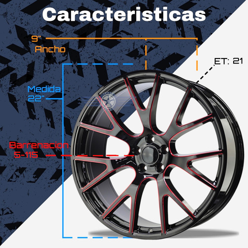 Rines 22 Deportivos 5-115 Excelente Challenger Charger 300c Gloss Black Red Milled