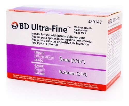 Aguja Insulina Ultra-fine 31g X 5mm (3/16 ) Para Pen X 100u