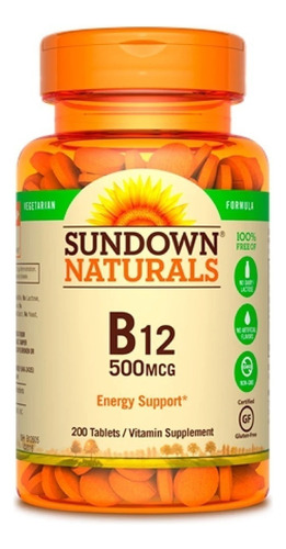 Vitamina B12 Sundown Naturals 500 mcg Suplemento En Tabletas En Frasco De 200 Unidades