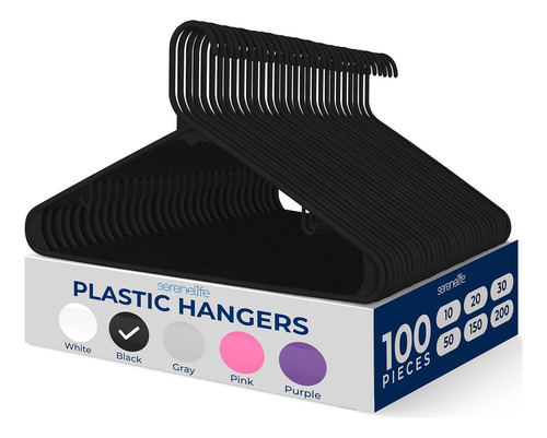 100 Ganchos de Plastico Premium SereneLife, Antideslizantes, Ahorradores de Espacio, Duraderos y Resistentes, para Camisas, Suéteres, Sudaderas, Abrigos, Pantalones y Vestidos, Negro