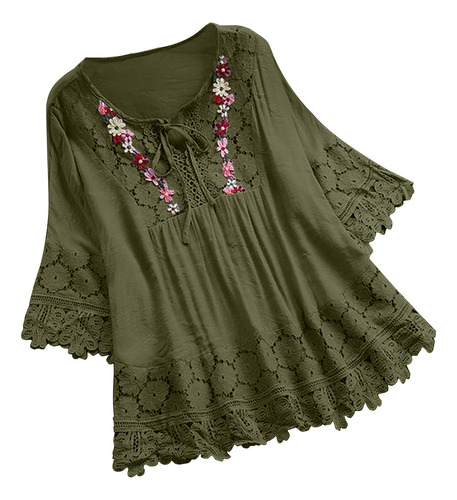 Blusa G Para Mujer, Estilo Vintage, Encaje, Retazos, Lazo, C