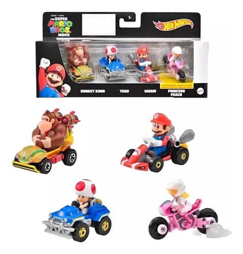 Hot Wheels Mario Kart 4 Pack Donkey Kong, Toad, Mario, Peach