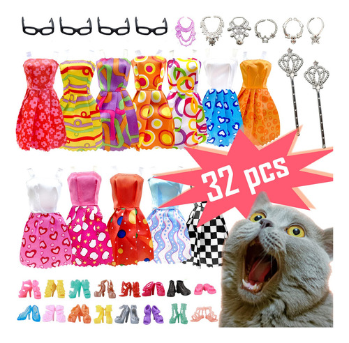 32 Piezas De Accesorios Para Muñecas, Ropa De Barbie, 10x Vestidos Lindos Mezclados, 10x Zapatos, 4x Gafas, 6x Collares, 2x Varitas