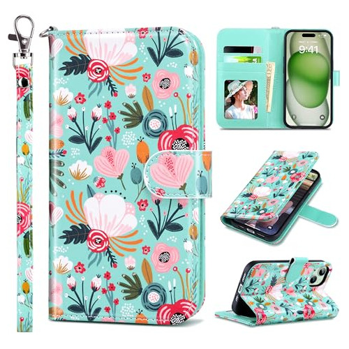 Funda Flip Cover Para iPhone 15 Cuero Floral Verde Mint