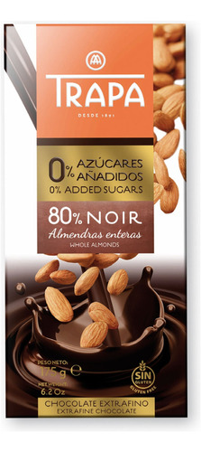 Chocolate Trapa 80% Sin Azúcar Almendra Sin Gluten Vegano 