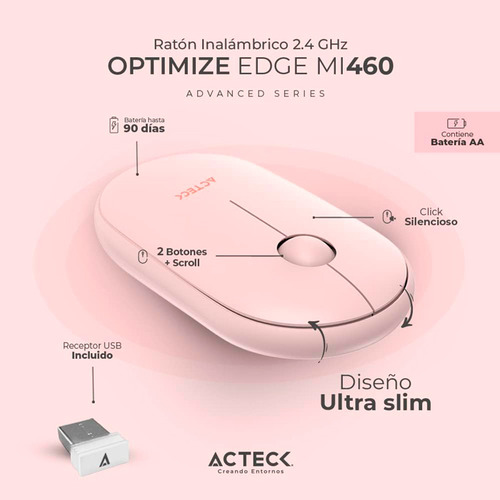 Mouse Acteck Optimize Edge Mi460 1600dpi Inalambrico Rosa