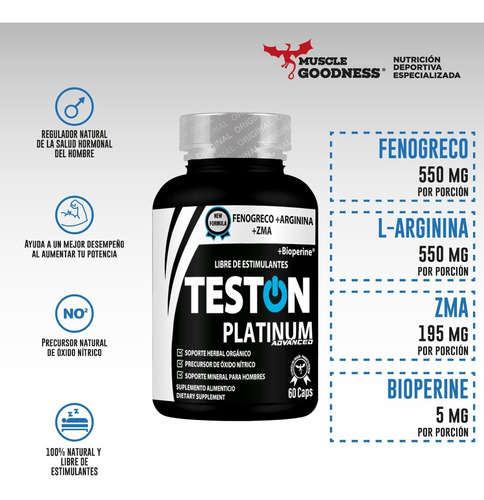 Imagen 3 de 6 de Teston Platinum Advanced |fenogreco+ Arginina +zma | 60 Caps