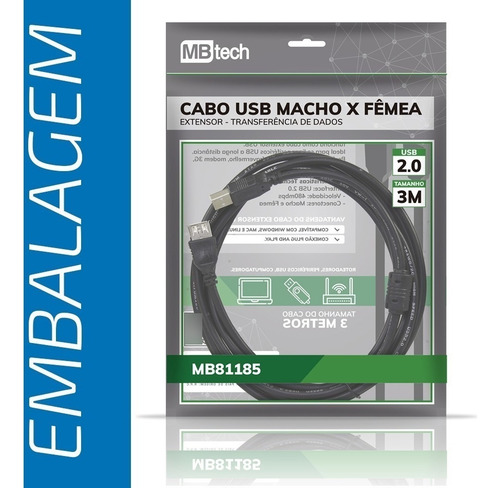 Cabo Extensor Amplificado Usb 2.0 Macho X Fêmea 3 Metros