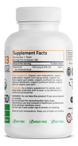 Bronson Vitamina D3 Orgánica 5000 Ui 360 Tabletas