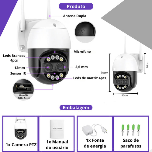 Kit 2 Câmera Ip Wifi P. D'agua Fhd 8mp 4k 8x Zoom Híbrido