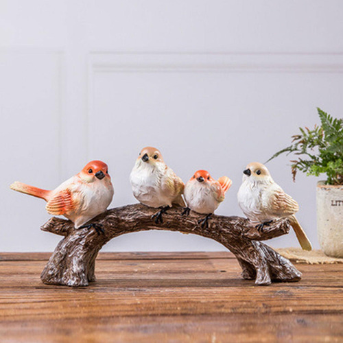 Artesanía De Pájaro En Rama, Escultura De 4 Pájaros
