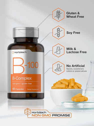 B100 Horbaach Complejo Vitamina B B1 B2 Niacina B6 Folat B12 Sin Sabor