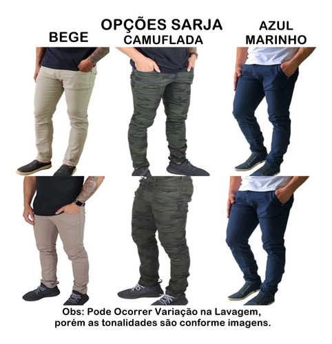 Kit 3 Calças Jeans Sarja Masculina Skinny C/ Lycra Coloridas