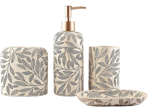 Set De Baño Completo 4pc De Resina Diseño Leaf Gray