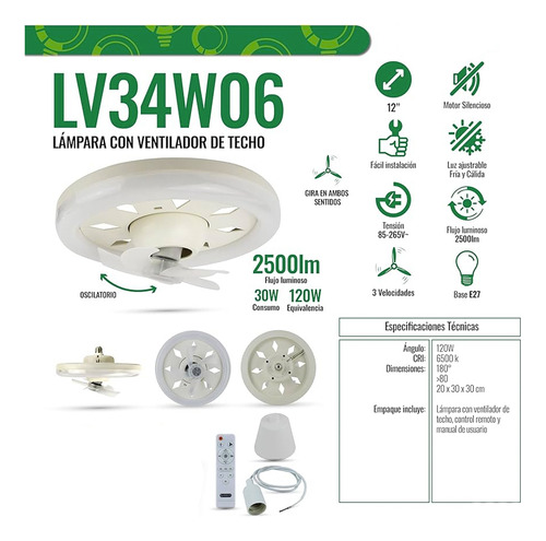 Pack De 4 Ventiladores De Techo 12 Pulgadas Iluminación Led Luz Ajustable Fría Y Cálida Base E27 3 Velocidades Control Remoto