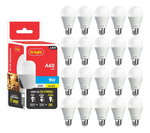 Kit 20 Lâmpadas Led Bulbo 9w E27 Branco Frio G-light Bivolt 110V/220V