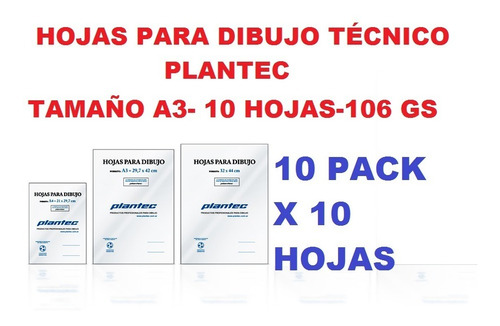 Hojas De Dibujo Técnico A3 Plantec 10 Pack X 10 Hojas 106 Gs