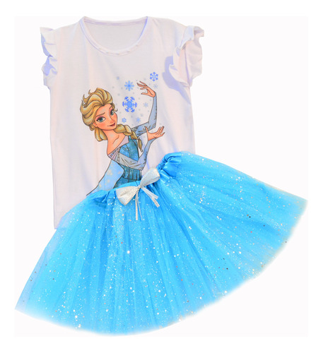Vestido Disfraz  Elsa Frozen Remera + Tutu T. 4, 6 Y 8